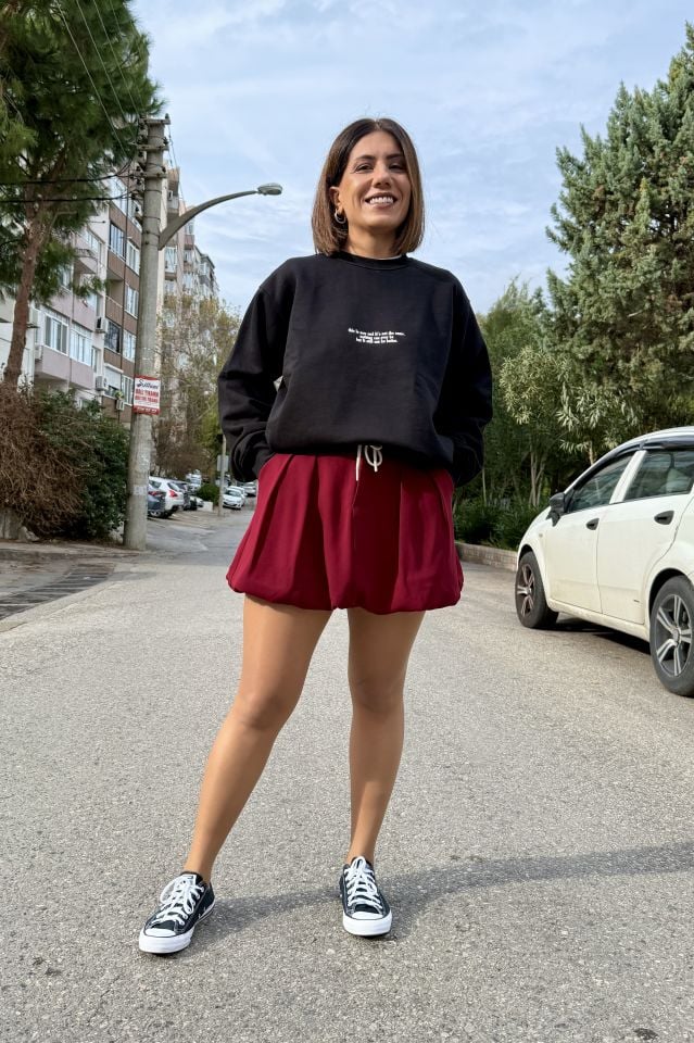 Krep Kumaş Bağcıklı Mini Balon Etek Bordo