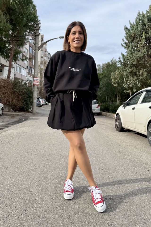 Krep Kumaş Bağcıklı Mini Balon Etek Siyah