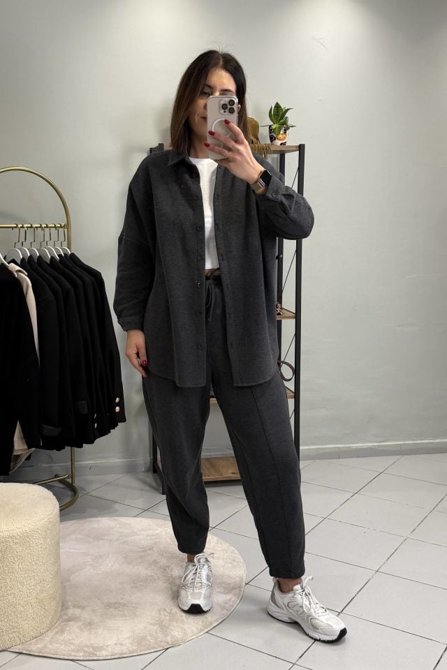 Oversize Gömlek Pantolon Takım Antrasit