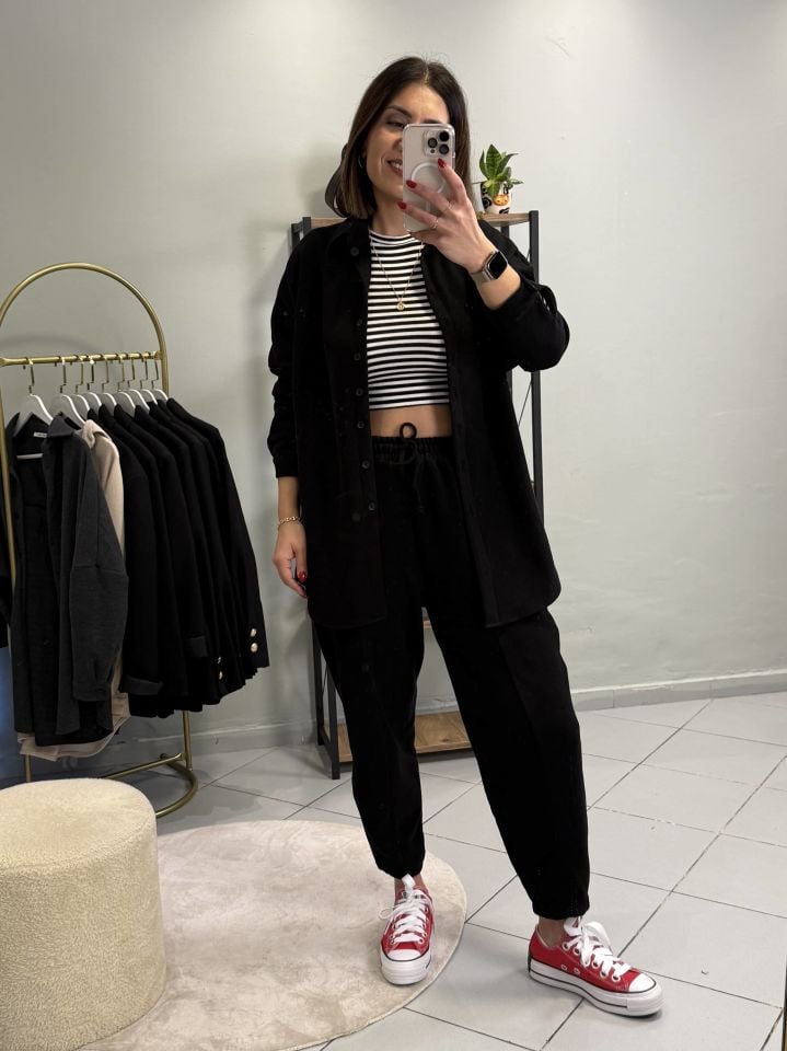 Oversize Gömlek Pantolon Takım Siyah