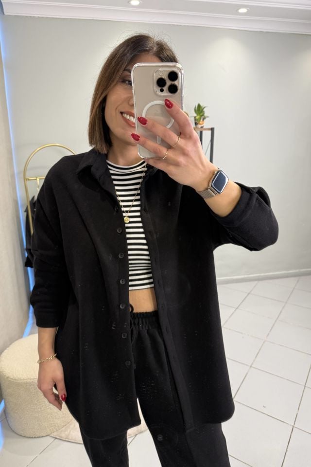 Oversize Gömlek Pantolon Takım Siyah