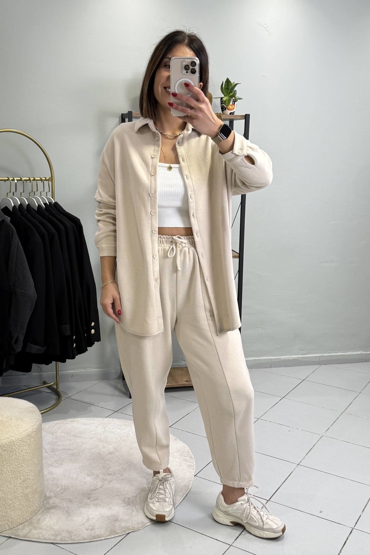 Oversize Gömlek Pantolon Takım Taş