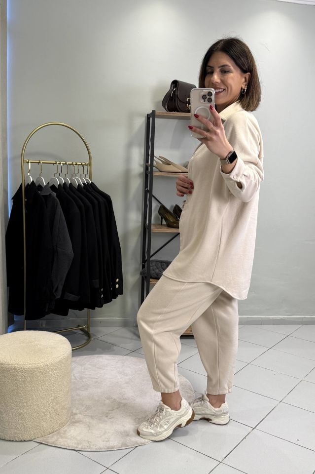 Oversize Gömlek Pantolon Takım Taş