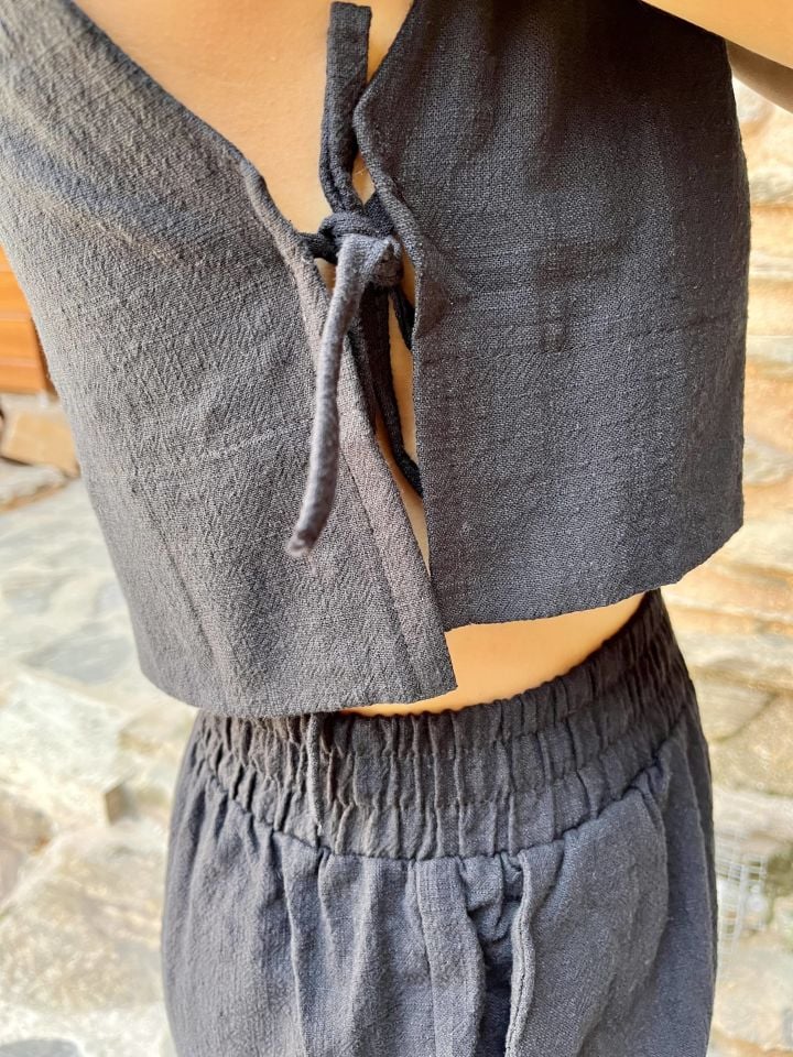 Bağlama Detay Bluz Pantolon Takım Siyah