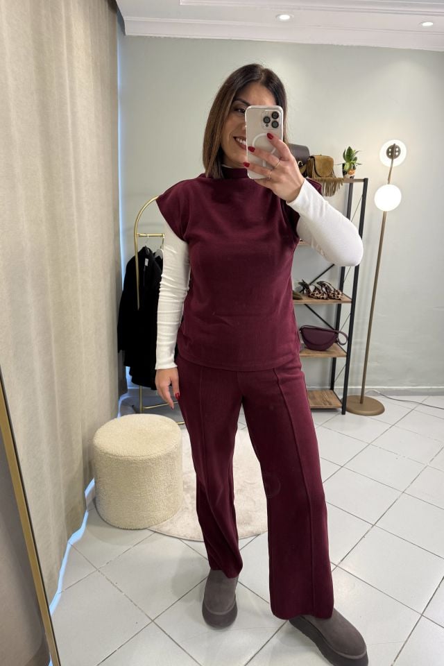 Yarım Balıkçı Süveter Pantolon Takım Bordo