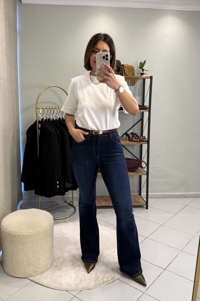 İspanyol Paça Jean Pantolon Koyu Mavi