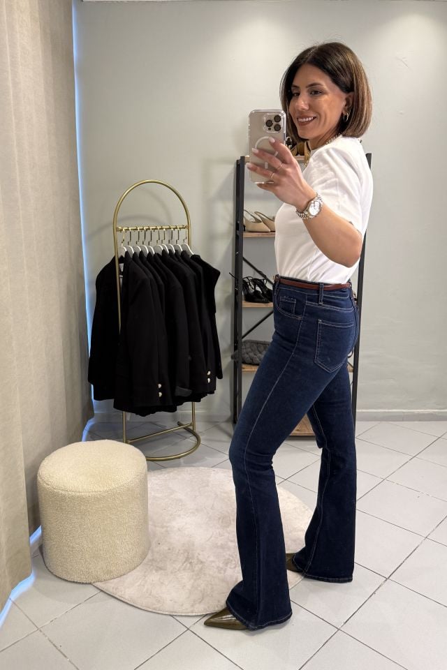 İspanyol Paça Jean Pantolon Koyu Mavi