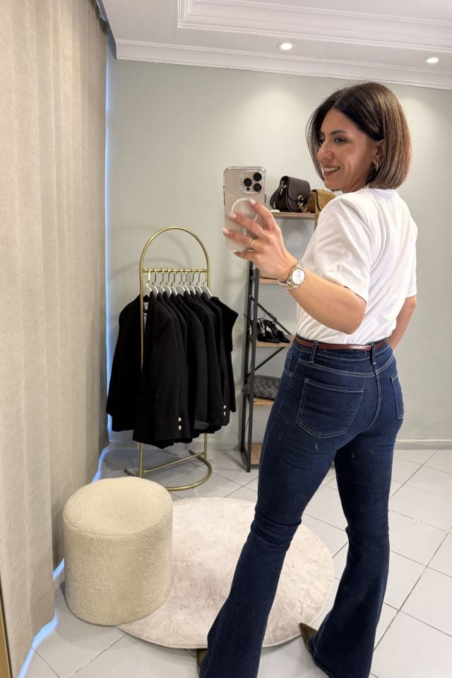 İspanyol Paça Jean Pantolon Koyu Mavi