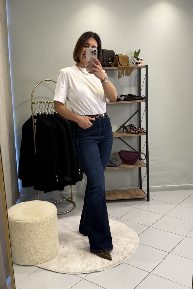 İspanyol Paça Jean Pantolon Koyu Mavi