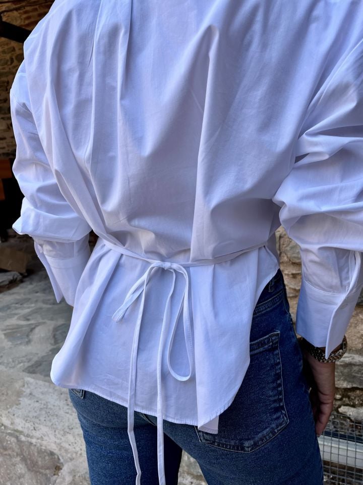 Bağlama Detay Poplin Gömlek Beyaz