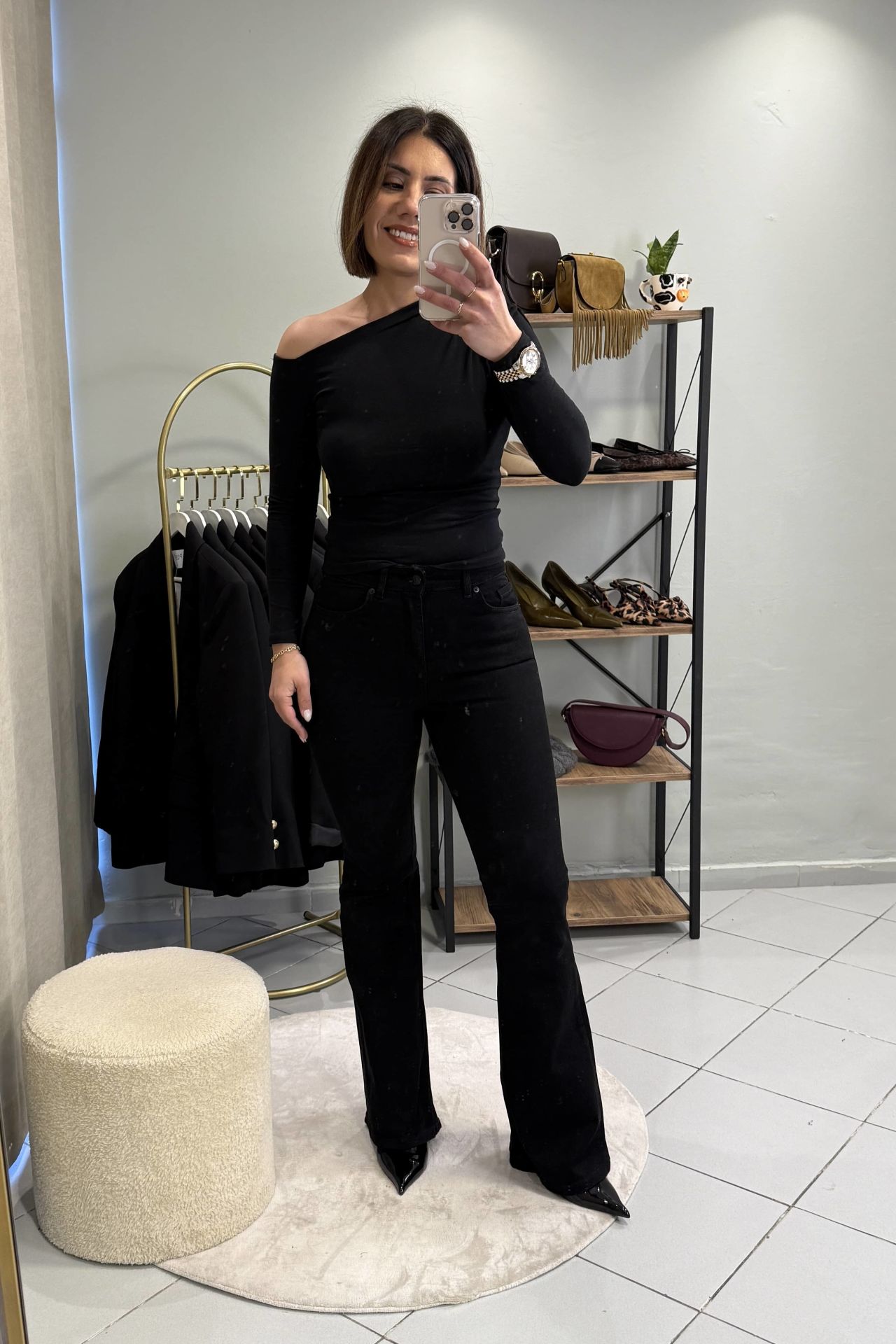 İspanyol Paça Jean Pantolon Siyah