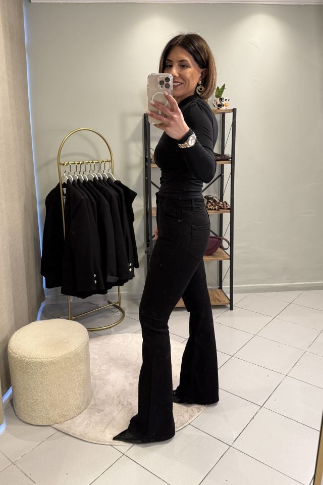 İspanyol Paça Jean Pantolon Siyah