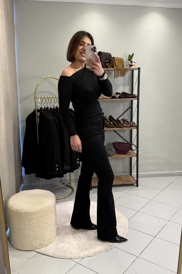 İspanyol Paça Jean Pantolon Siyah