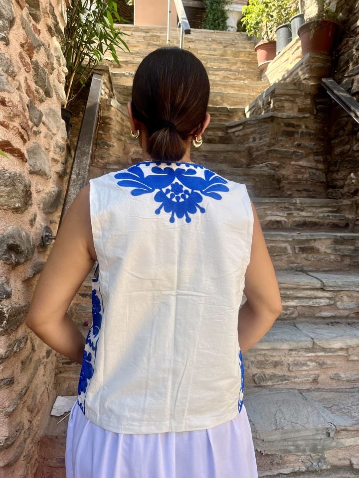 Nakışlı Yelek Mavi