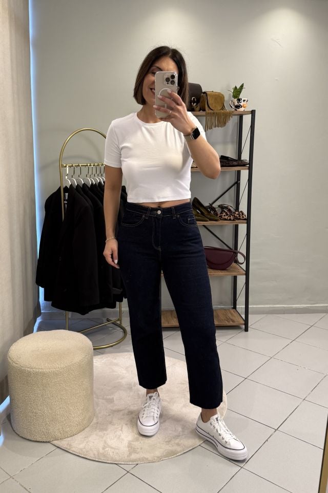 Boy Fit Kesik Paça Jean Pantolon Koyu Mavi