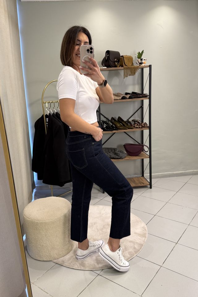 Boy Fit Kesik Paça Jean Pantolon Koyu Mavi