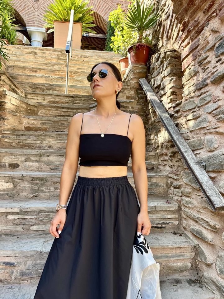 Yırtmaçlı Beli Lastikli Maxi Etek Siyah