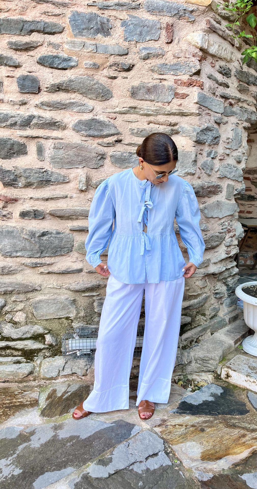 Double Paça Bağcıklı Keten Pantolon Beyaz