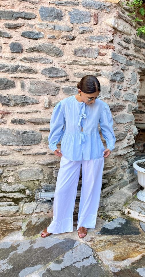 Double Paça Bağcıklı Keten Pantolon Beyaz