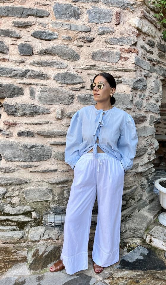 Double Paça Bağcıklı Keten Pantolon Beyaz