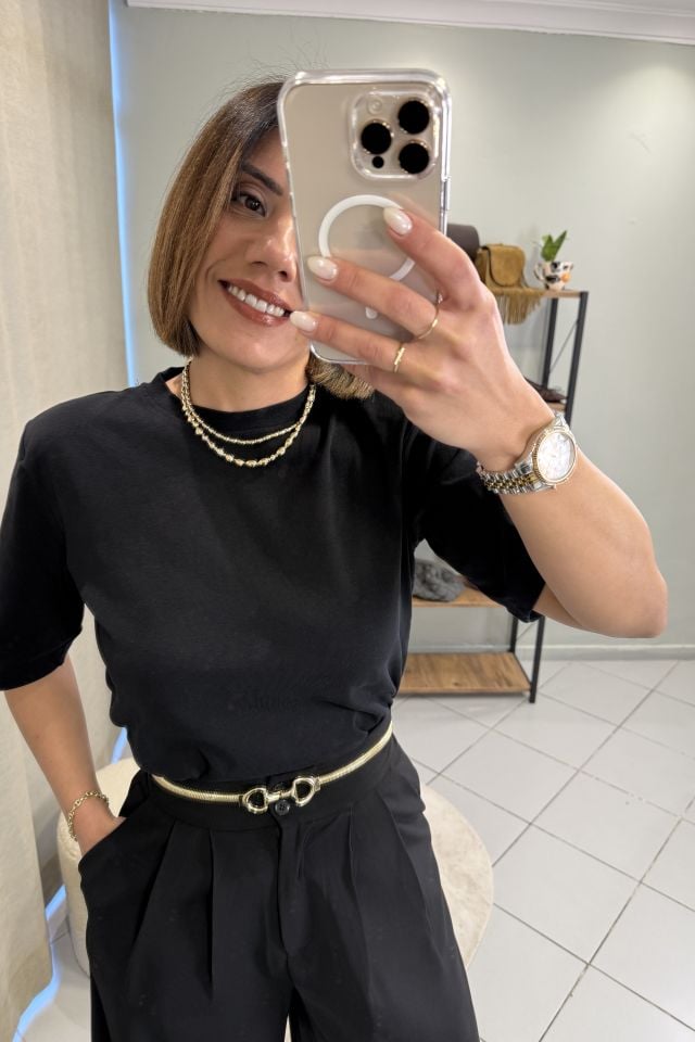 Vatkalı Bisiklet Yaka Kısal Kollu T-shirt Siyah