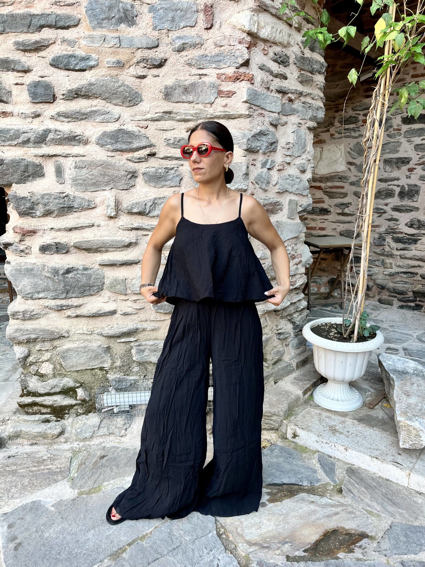 Kırışık Bol Paça Bluz Pantolon Takım Siyah