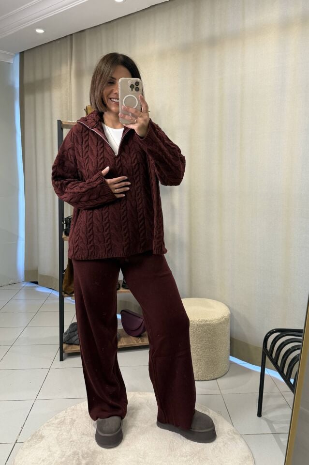 Saç Örgülü Fermuarlı  Kazak Pantolon Takım Bordo