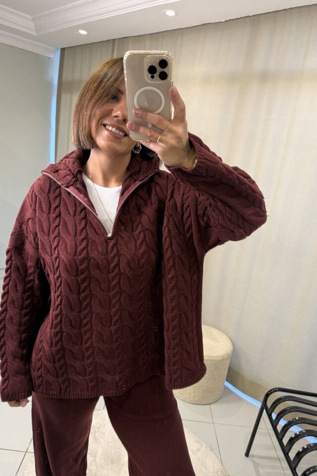 Saç Örgülü Fermuarlı  Kazak Pantolon Takım Bordo