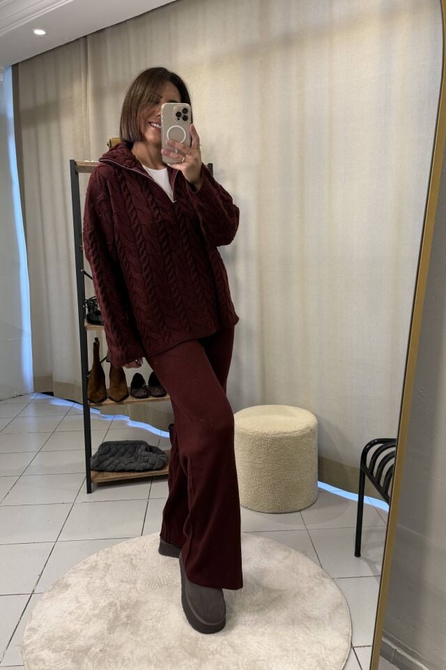 Saç Örgülü Fermuarlı  Kazak Pantolon Takım Bordo