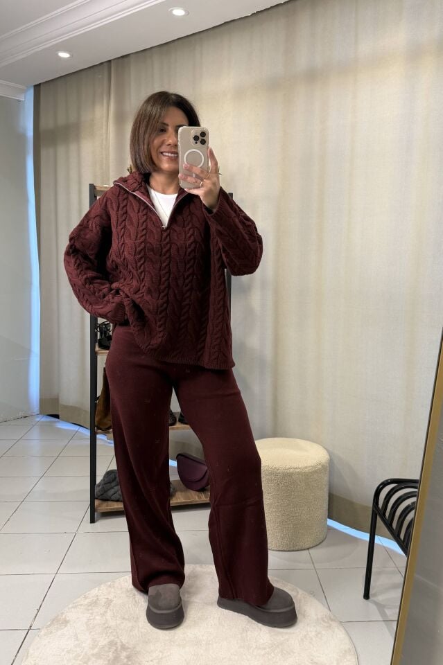 Saç Örgülü Fermuarlı  Kazak Pantolon Takım Bordo