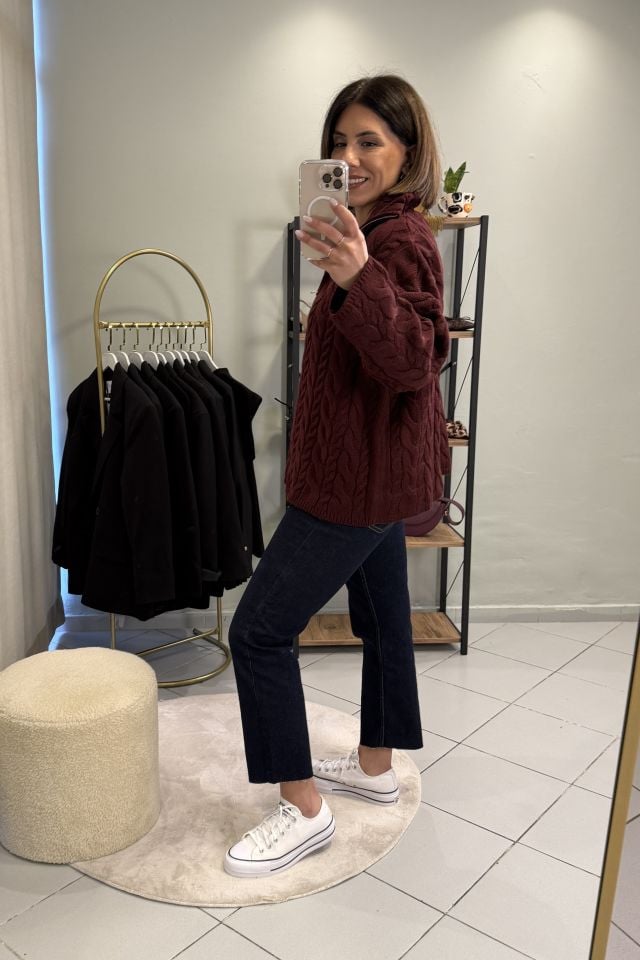 Saç Örgülü Fermuarlı Oversize Kazak Bordo