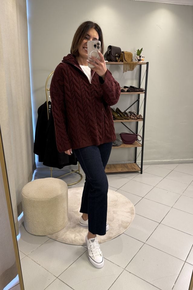 Saç Örgülü Fermuarlı Oversize Kazak Bordo