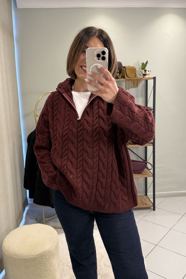 Saç Örgülü Fermuarlı Oversize Kazak Bordo