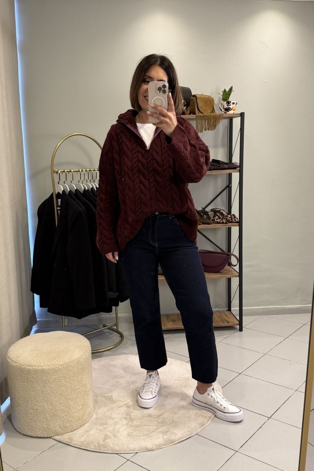 Saç Örgülü Fermuarlı Oversize Kazak Bordo