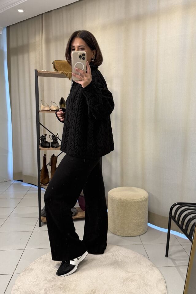 Saç Örgülü Fermuarlı  Kazak Pantolon Takım Siyah