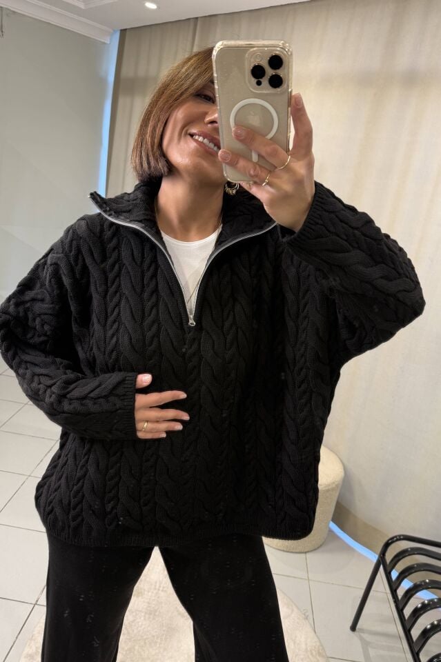 Saç Örgülü Fermuarlı  Kazak Pantolon Takım Siyah