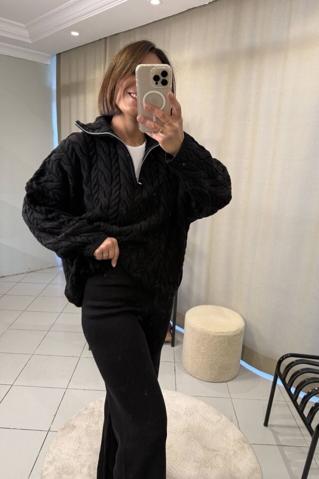 Saç Örgülü Fermuarlı  Kazak Pantolon Takım Siyah