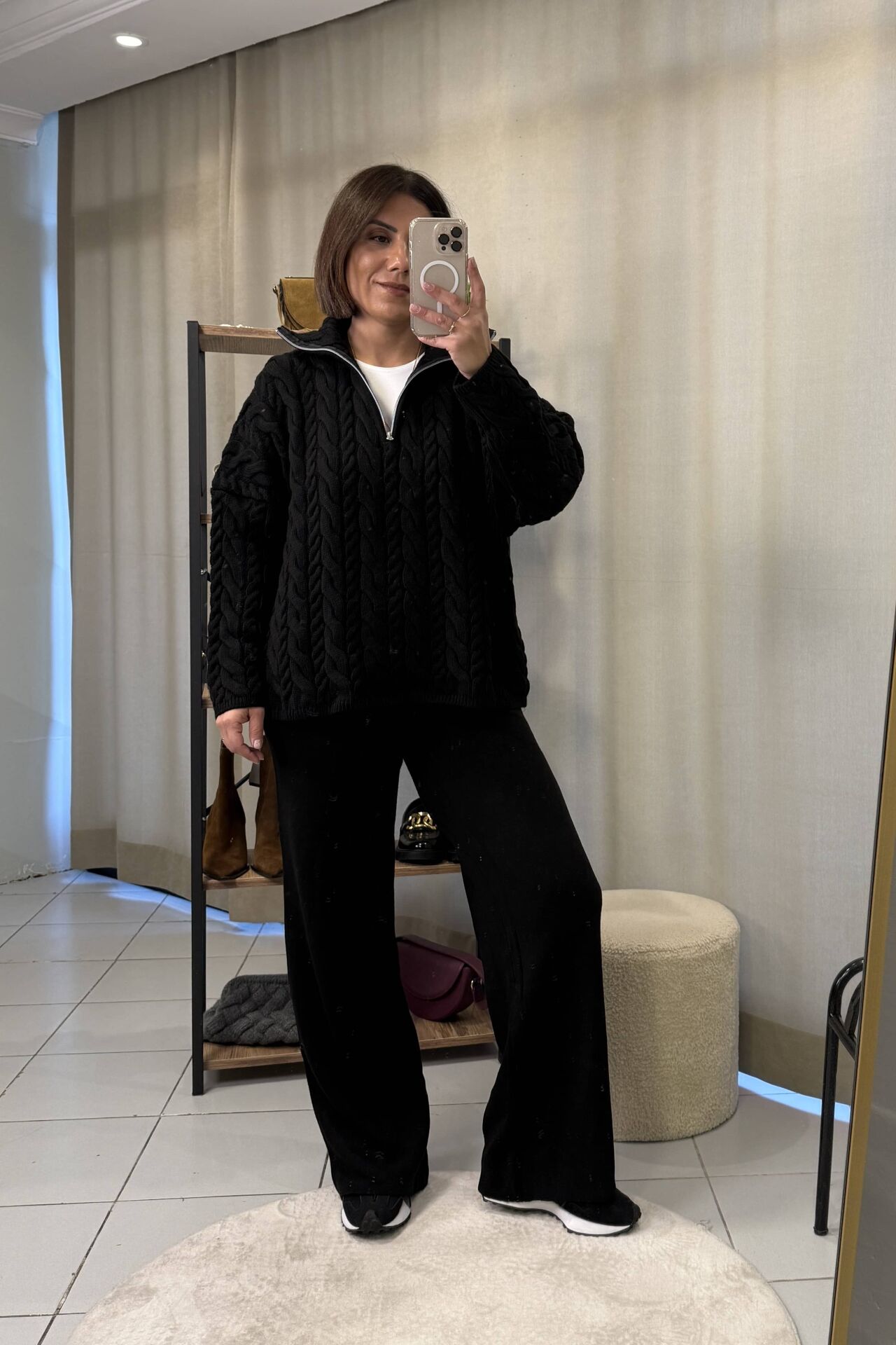 Saç Örgülü Fermuarlı  Kazak Pantolon Takım Siyah