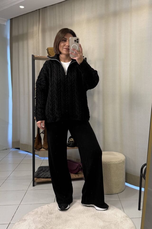 Saç Örgülü Fermuarlı  Kazak Pantolon Takım Siyah