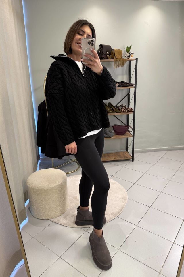 Saç Örgülü Fermuarlı  Kazak Pantolon Takım Siyah