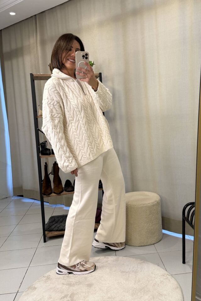 Saç Örgülü Fermuarlı  Kazak Pantolon Takım Ekru