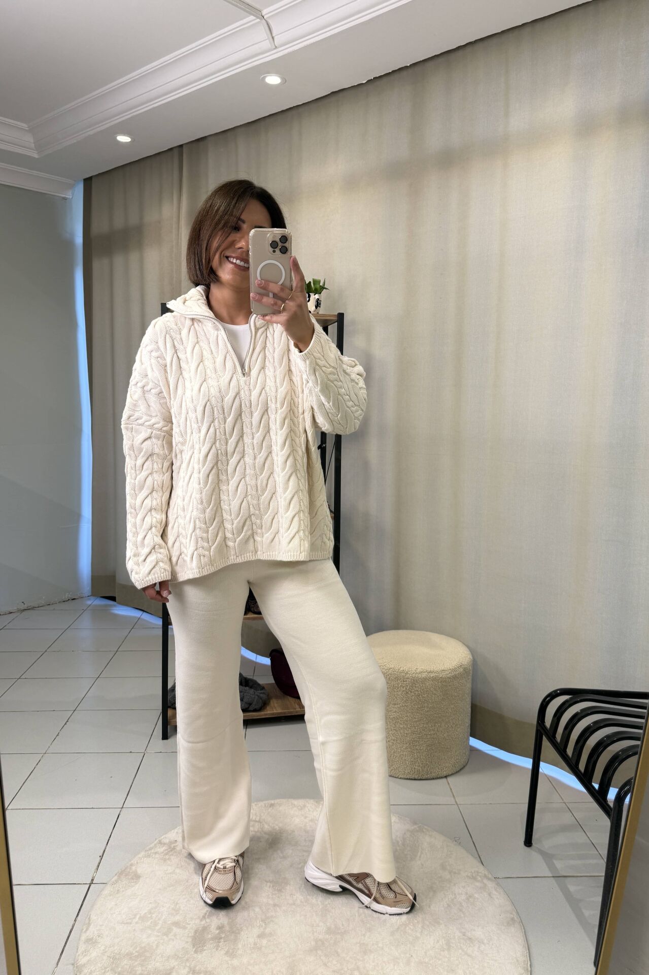 Saç Örgülü Fermuarlı  Kazak Pantolon Takım Ekru