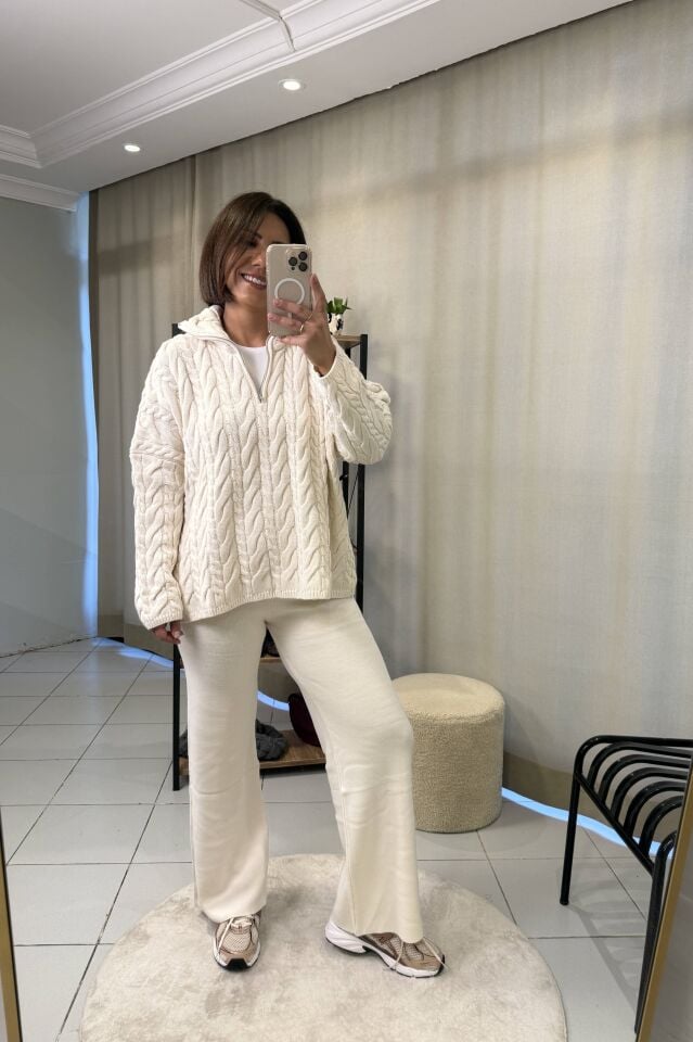 Saç Örgülü Fermuarlı  Kazak Pantolon Takım Ekru