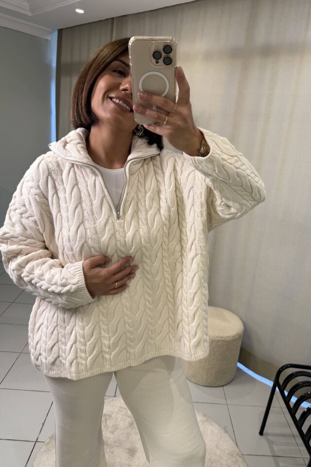 Saç Örgülü Fermuarlı  Kazak Pantolon Takım Ekru