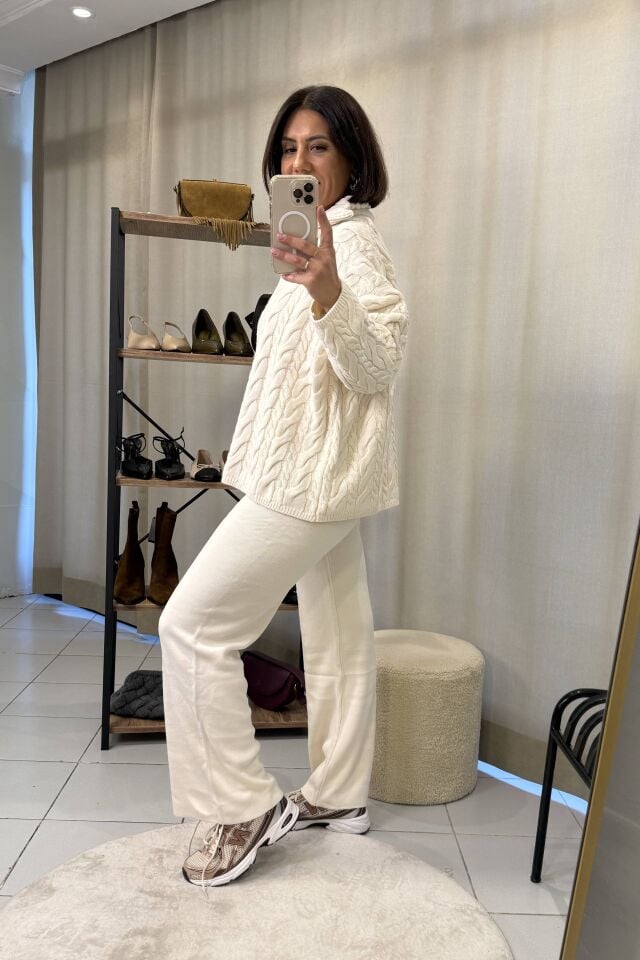 Saç Örgülü Fermuarlı  Kazak Pantolon Takım Ekru