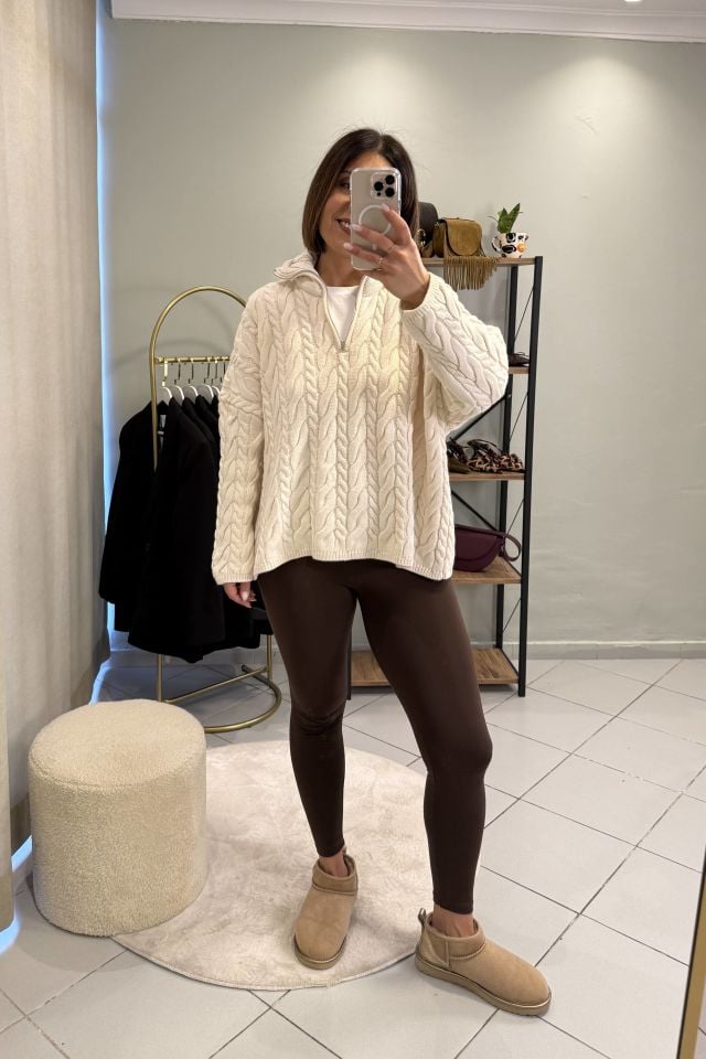 Saç Örgülü Fermuarlı Oversize Kazak Ekru