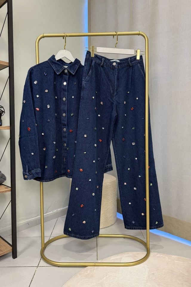 Renkli Taşlı Jean Palazzo Pantolon
