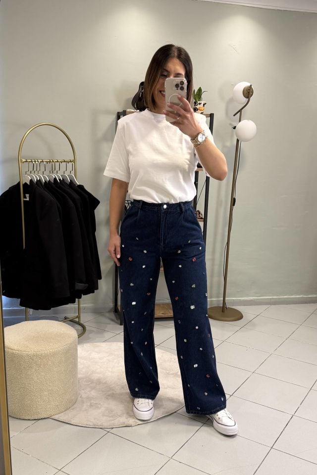 Renkli Taşlı Jean Palazzo Pantolon
