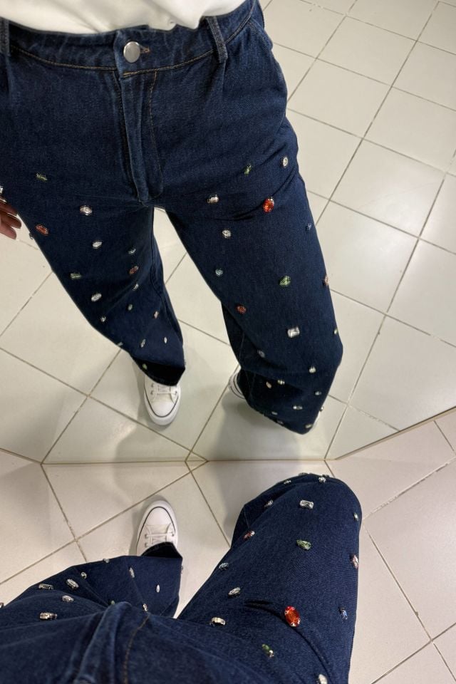 Renkli Taşlı Jean Palazzo Pantolon