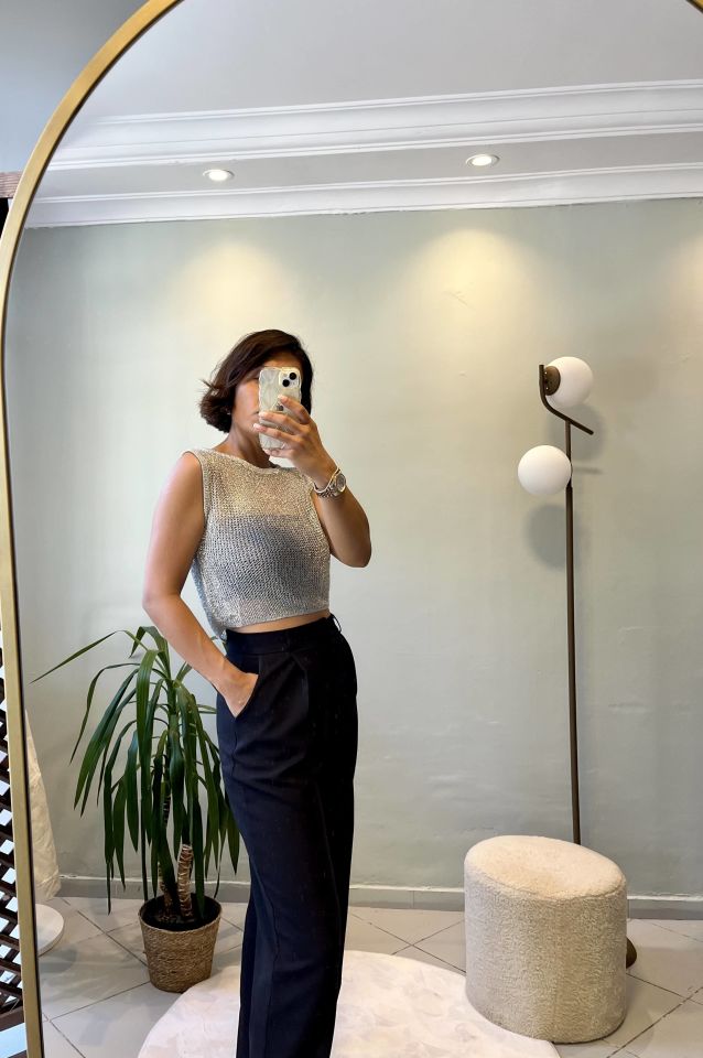 Işıltılı Triko Bluz Gümüş